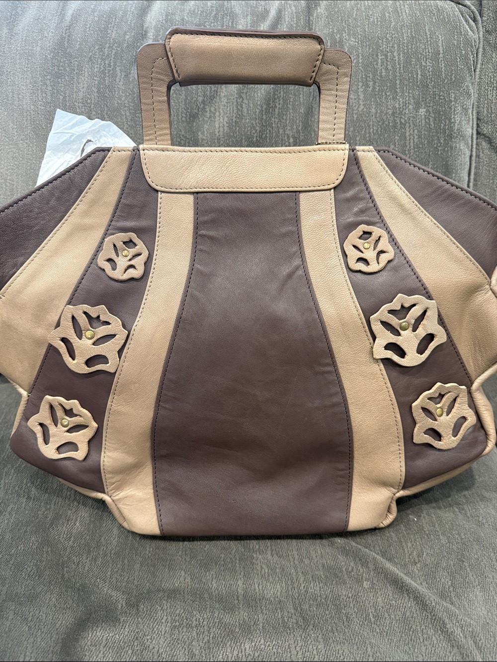 La Marey Two-Tone Brown & Tan Women’s Leather Tote Bag with brown scarf